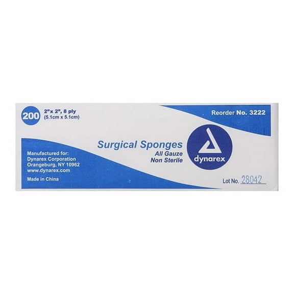 Dynarex Gauze Sponges Non-Sterile - 8 Ply 2 Inches X 2 Inches - 200 Ea