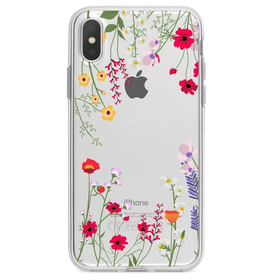DistinctInk Clear Shockproof Hybrid Case for iPhone XR (6.1" Screen) - TPU Bumper Acrylic Back Tempered Glass Screen Protector - Wildflowers Border Blue Pink Purple