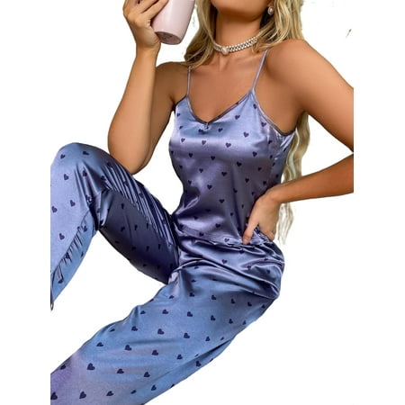 

2pcs Set Elegant All Over Print Cami PJ Pant Sets Sleeveless Blue Women s Pajama Sets (Women s)