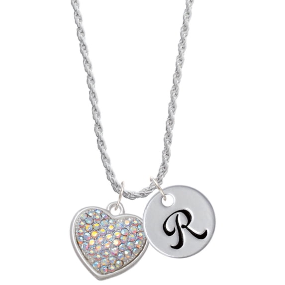Delight Jewelry Silvertone Large Rounded Clear AB Oktant Crystal Heart Silvertone Script Initial Disc - R - Charm Necklace, 20"+3"