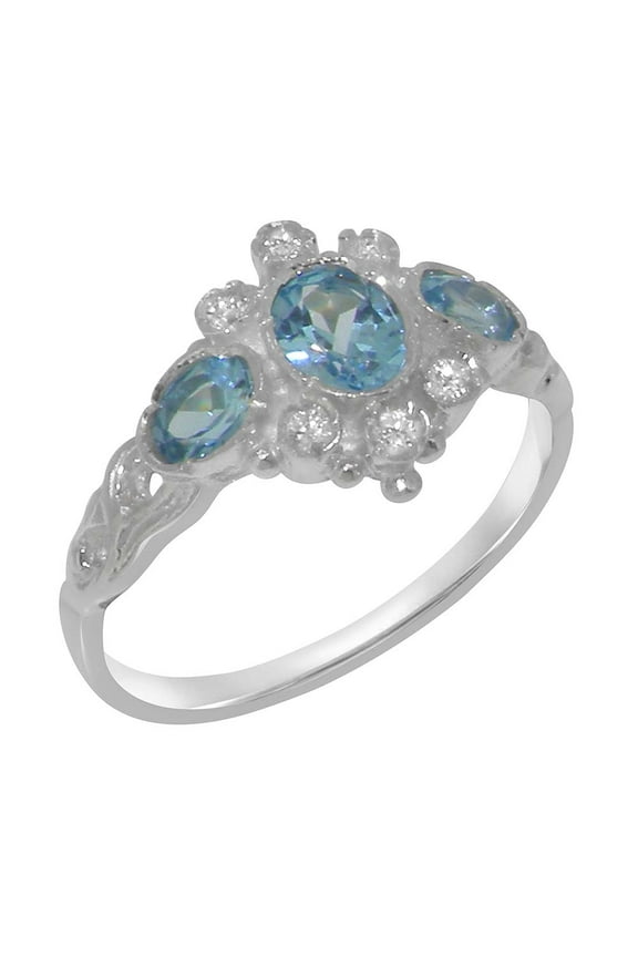 LBG English Made 9k White Gold Natural Blue Topaz & Cubic Zirconia Womens Anniversary Ring - Size 9