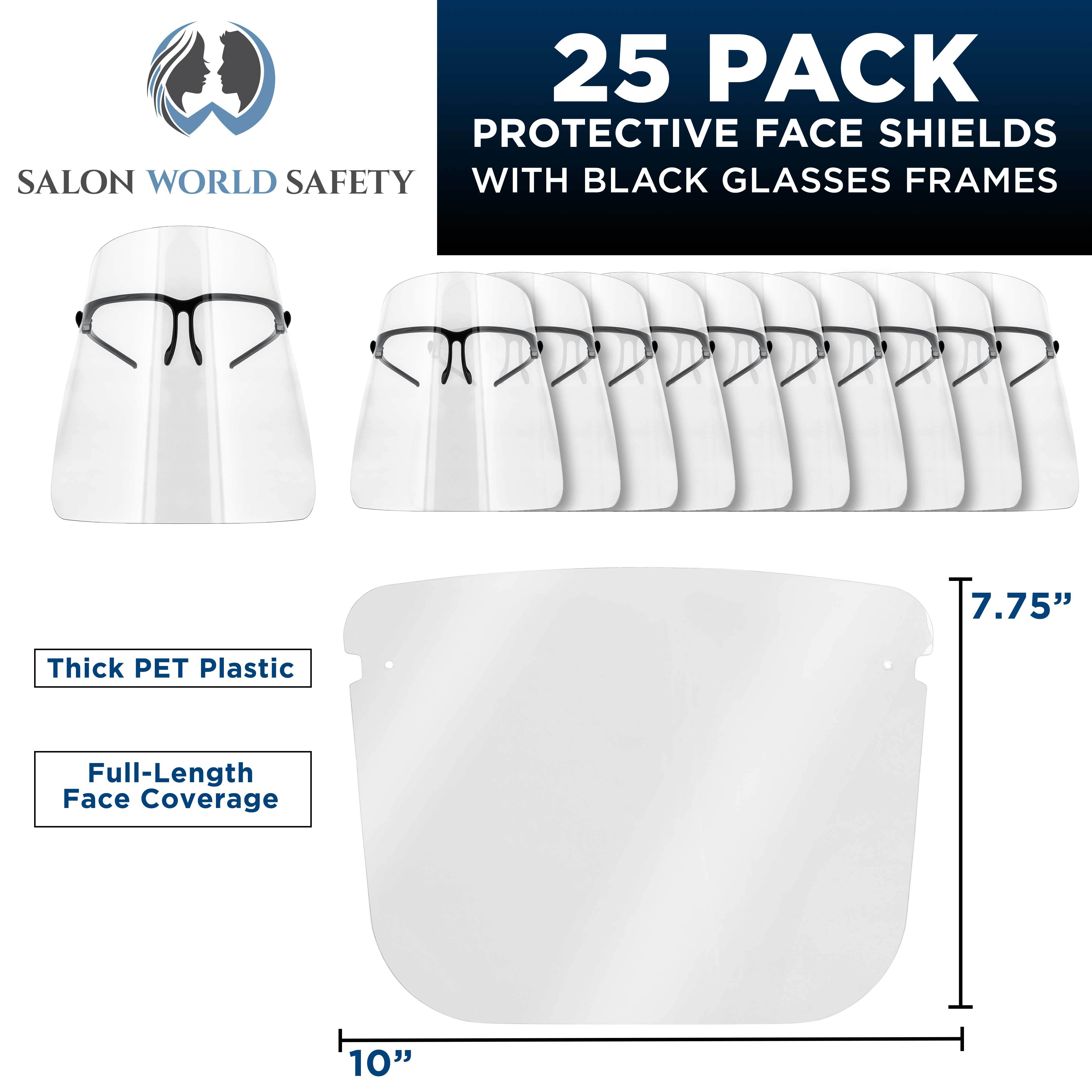 Safety Face Shields with Black Glasses Frames (Pack of 25) - Ultra Clear Protective Full Face Shields to Protect Eyes, Nose, Mouth - Anti-Fog PET Plastic, Goggles - Sanitary Droplet Splash Guard