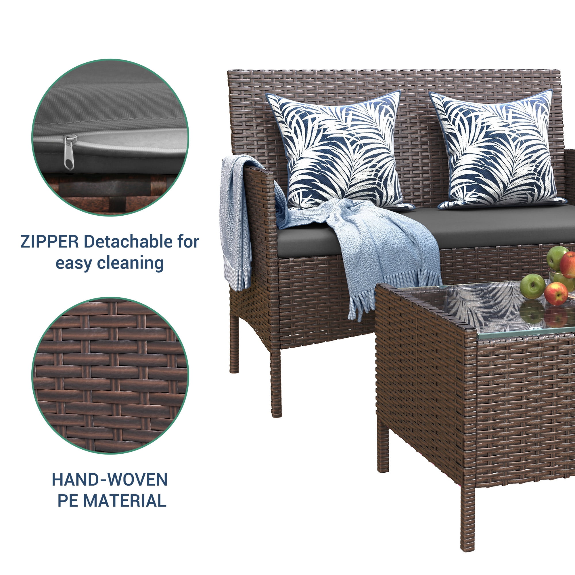 Elposun 4 Steel Hand-woven Outdoor Conversation Sets with Sofa and Table, Brown/Gray