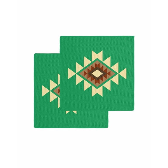 Green Brown Boho Kitchen Dish Towels for Drying Dishes Set of 2, Country Simple Abstract Ethnic Geometric Waffle Weave Microfiber Terry Hand Tea Bathroom Towels Quick Dry & Absorbent Towel 12x12