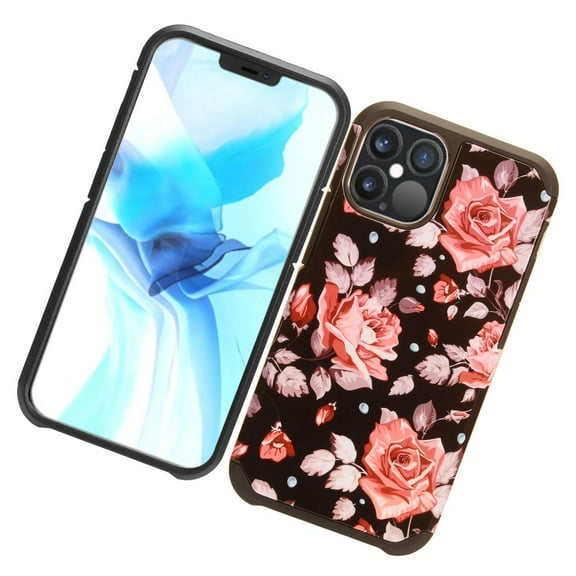 Apple iPhone 12 PRO MAX /6.7" Protective Tuff Hybrid Drop Protection Shockproof Armor Dual Layer Frame Heavy Duty Rubber Rugged Hard Pink Roses Phone Cover forApple iPhone 12 Pro Max