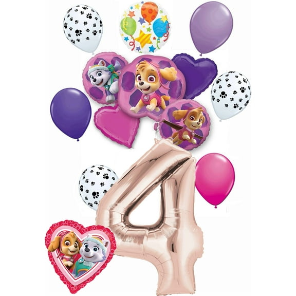 Paw Patrol Party Supplies Skye and Everest Pups 4th Birthday Balloon Bouquet Decorations Pink Number 4
