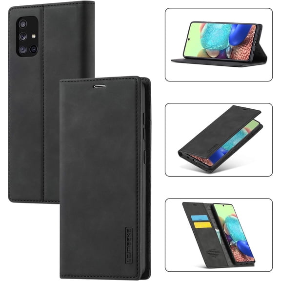 Case for Samsung Galaxy A51 4G, Vintage Classic Matte Leather Wallet Case Flip Notebook Style Cover with Magnetic Closure Kickstand Card Slots - Black