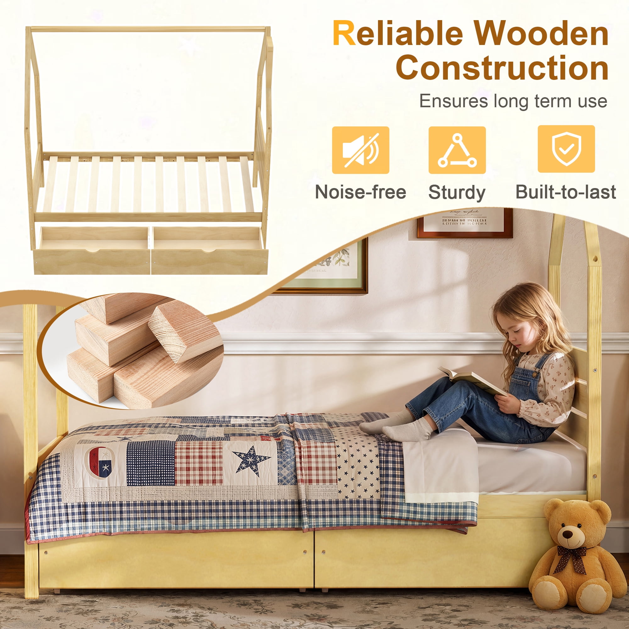 Mintazer Twin Kids House Canopy Platform Bed with 2 Storage Drawers, Montessori Bed with Headboard for Bedroom, Natural