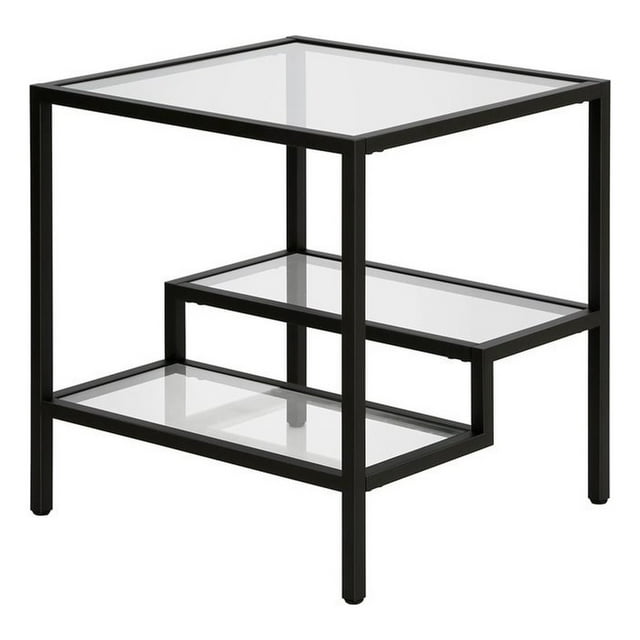 Pemberly Row Table d'Appoint Moderne en Métal à Deux Niveaux avec Plateau en Verre en Noir