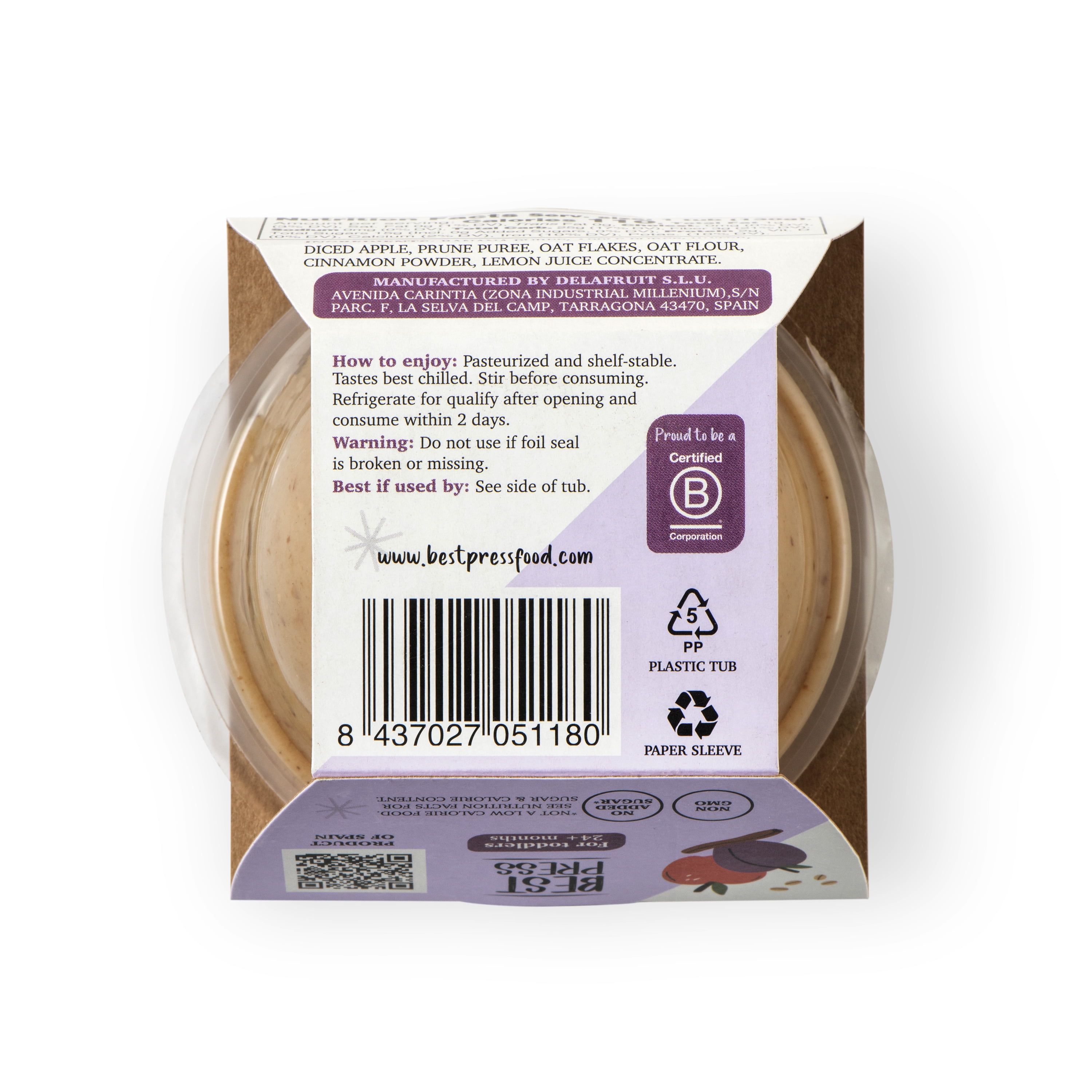 Best Press, Fresh Baby Food, Banana, Apple, Prune, Oats and Cinnamon, For Toddlers 24 Months Plus, 4.6 oz Tub