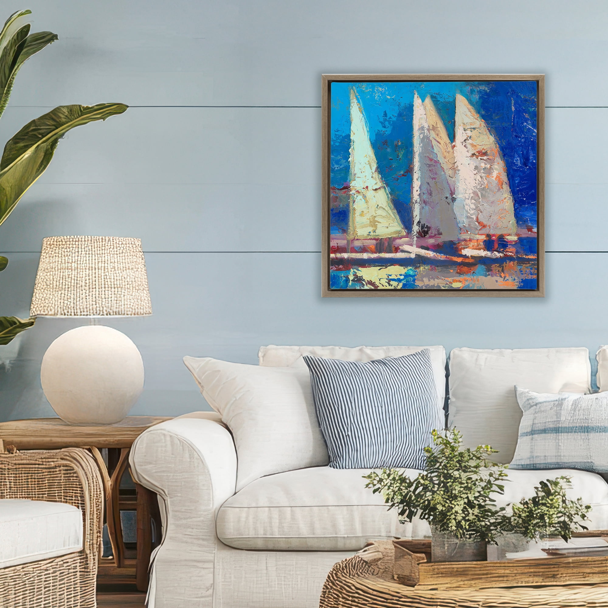Stupell Industries A Strong Wind Sailboats Brown Framed Floater Canvas Wall Art, design by Beth A. Forst