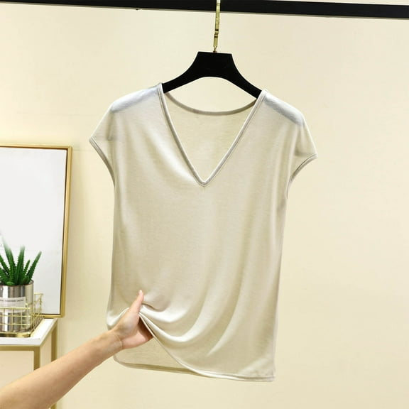 Tawop Shirts for Women Womens Tee Shirts Solid V Neck Sleeveless Tank Thin Beige L