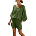 thumbnail image 3 of Cutuoiiu Women's Loose Fit Solid Color Cotton Linen Two Piece Set with V-Neck Batwing Top and Pocket Shorts for Summer Casual Wear Gifts, 3 of 8
