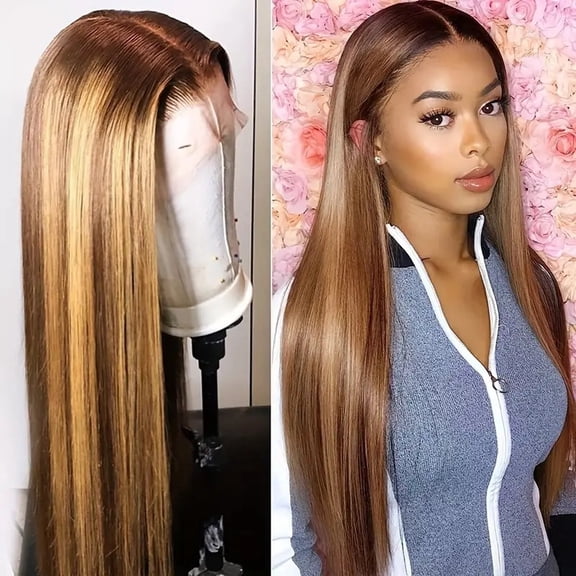 Gold-brown front lace long straight hair chemical fiber head cover wig