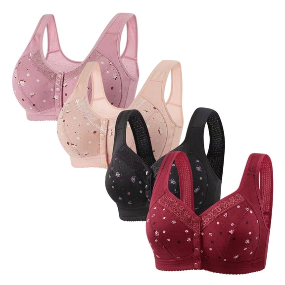 Fengactive 4PC Front Closure Bras for Women Breathable Daily Wireless Bras Full Coverage Push Up Comfort Soft T-Shirt Bra