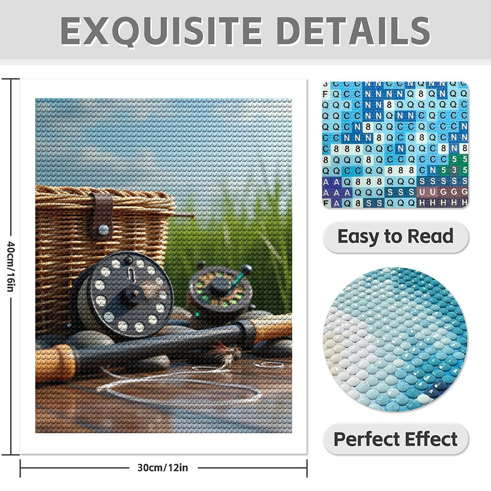 Diamond Art Kits for Adults - Realistic Fishing Rod Print No.9 5D Frameless Dimond Painting Kit for Adults Beginner, Round Diamond Kits for Home Wall Decor, Gift for Women