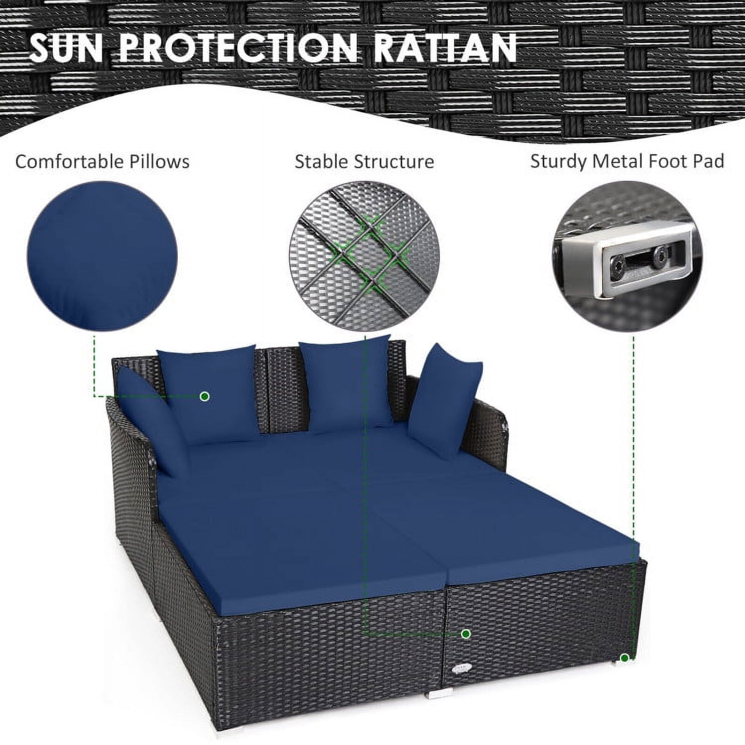Aimee Lii Spacious Outdoor Rattan Daybed with Upholstered Cushions and Pillows, Outdoor Deck Furniture, Navy Aimee Lii Spacious Outdoor Rattan Daybed with Upholstered Cushions and Pillows, Outdoor Deck Furniture, Navy