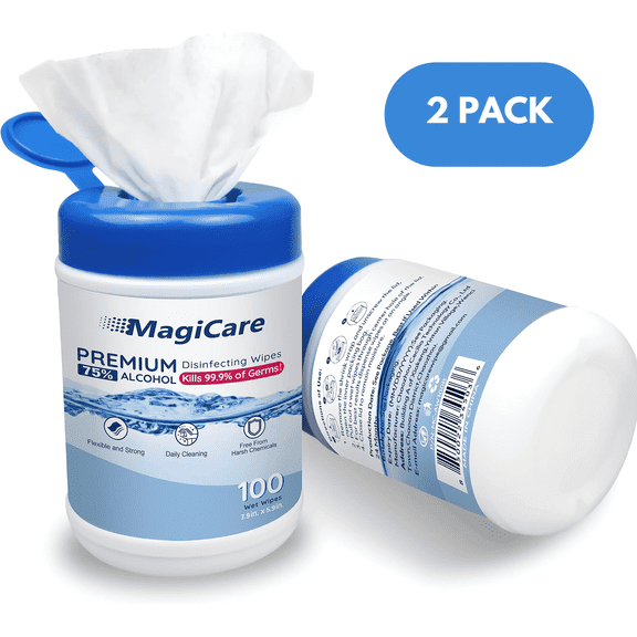 MagiCare Hand Sanitizer Wipes, Unscented, 75% Alcohol, Large Wipes - 2 Canisters (100ct Each, 200ct) - Home, Travel, Classroom, Camping