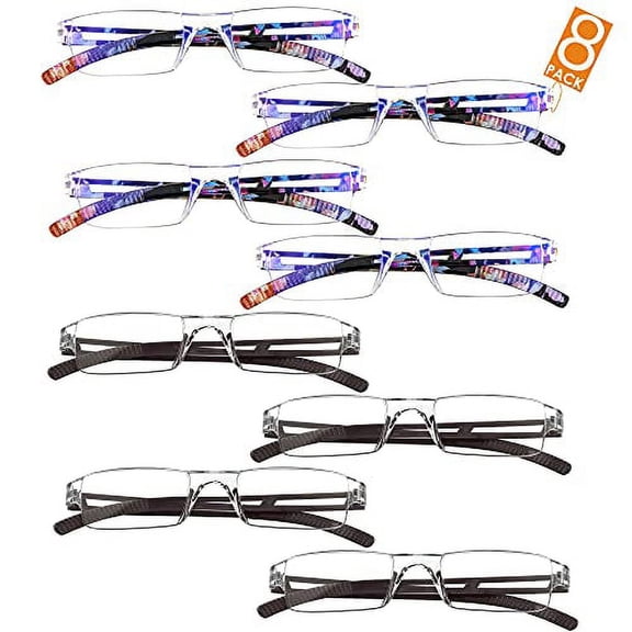 8 Pairs Reading Glasses, Blue Light Blocking Glasses, Computer Reading Glasses for Women and Men, Fashion Rectangle Eyewear Frame(4 PinkFloral&4 Brown, 4.50 Magnification)