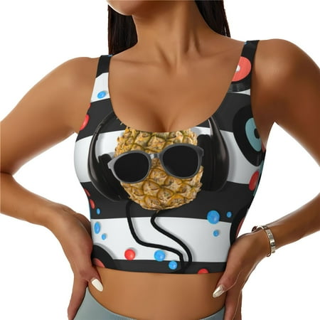 Fotbe Pineapple With Black Glasses Pattern Womens  Sports Bra Longline Wirefree Padded with Medium Support Sports Moisture-Wicking Workou Vest Tank Top-Large