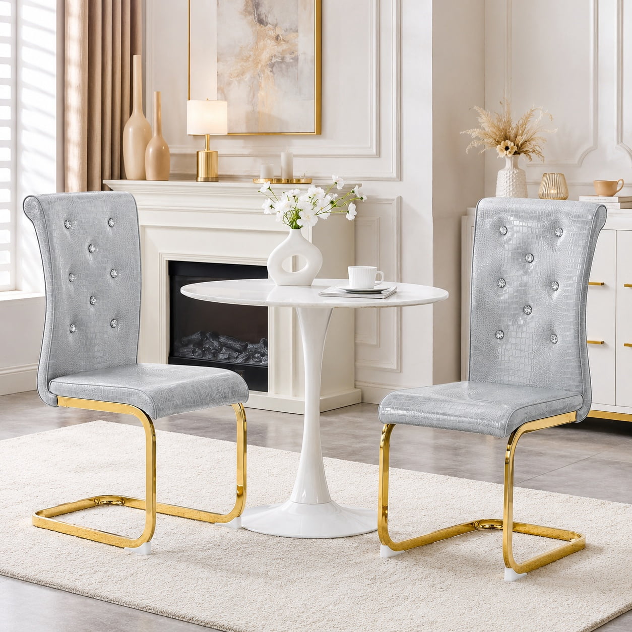 Aukfa Modern Dining Chairs Set of 2 , 400 lbs Heavy-Duty Faux Alligator Leather Kitchen Chairs with Crystal Button Tufted High Back,Gray
