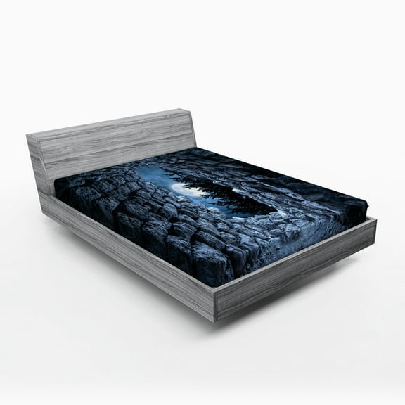 Ambesonne Gothic Fitted Sheet, Full Moon Dark Cave, Full Size, Blue Grey