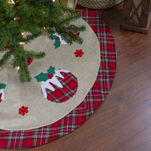 Northlight 48" Burlap Plaid Tree Skirt with Christmas Puddings