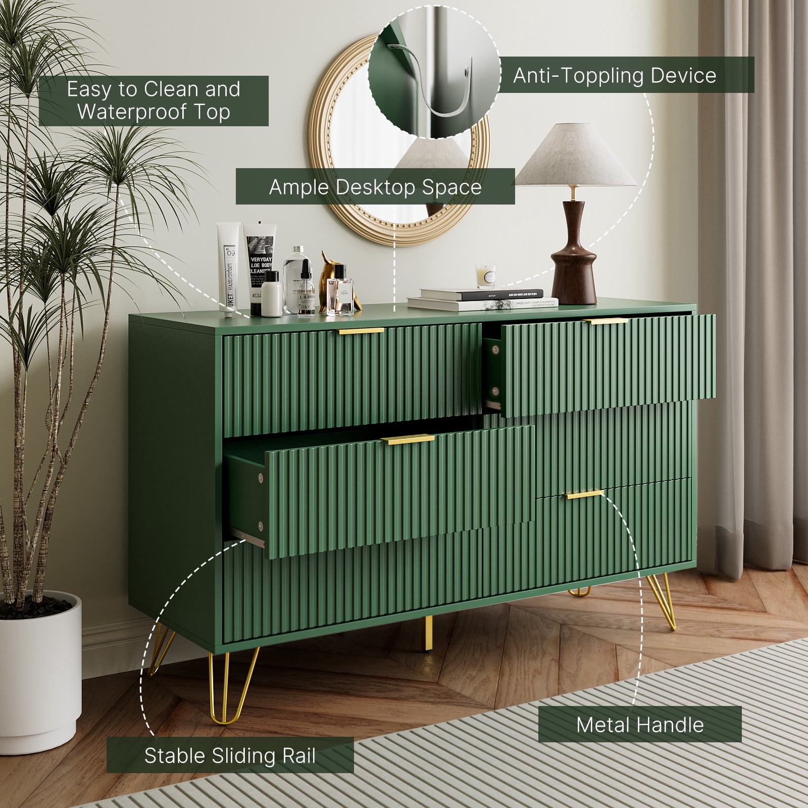 Furniway Modern 6-Drawer Dresser for Bedroom, Green, 29.5 x 15.7 x 47.2 Inches
