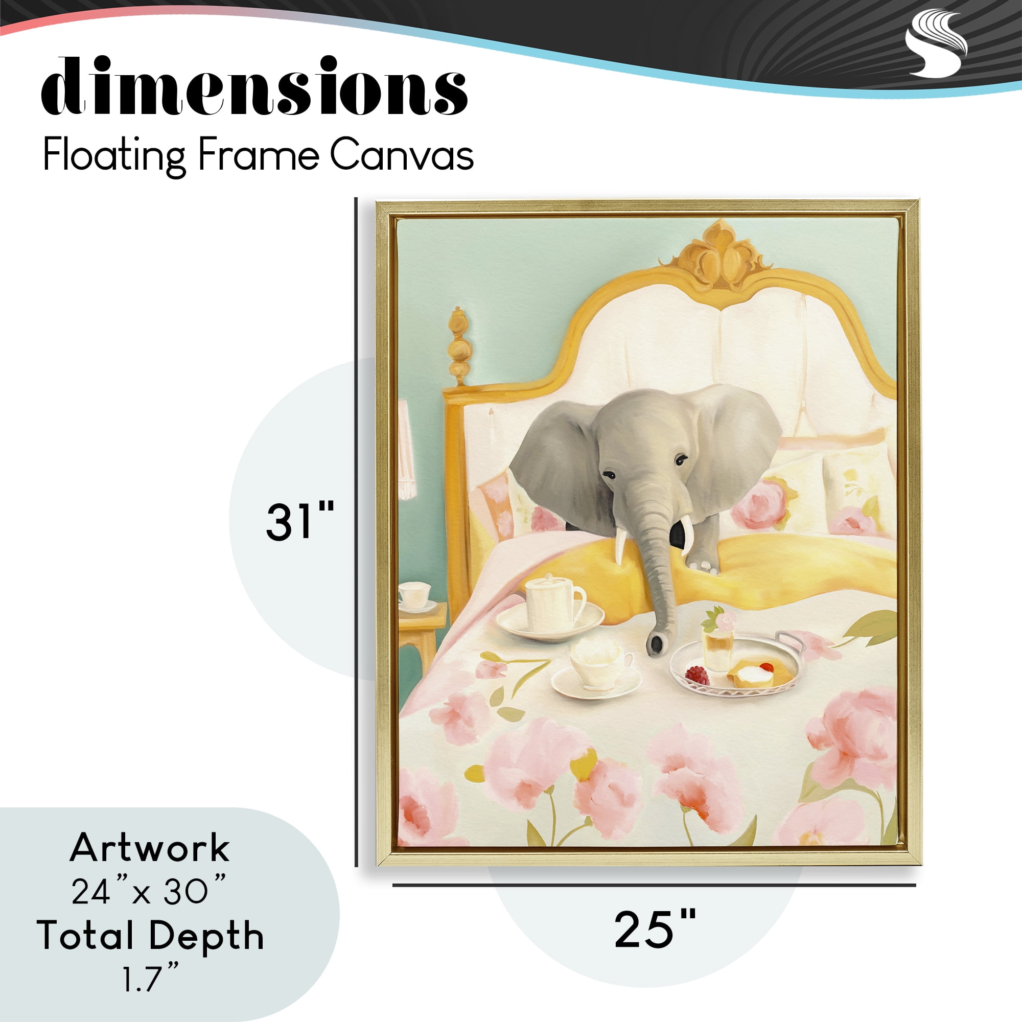 Breakfast in Bed Elephant Gold Framed Floater Canvas Wall Art, design by Leah Straatsma