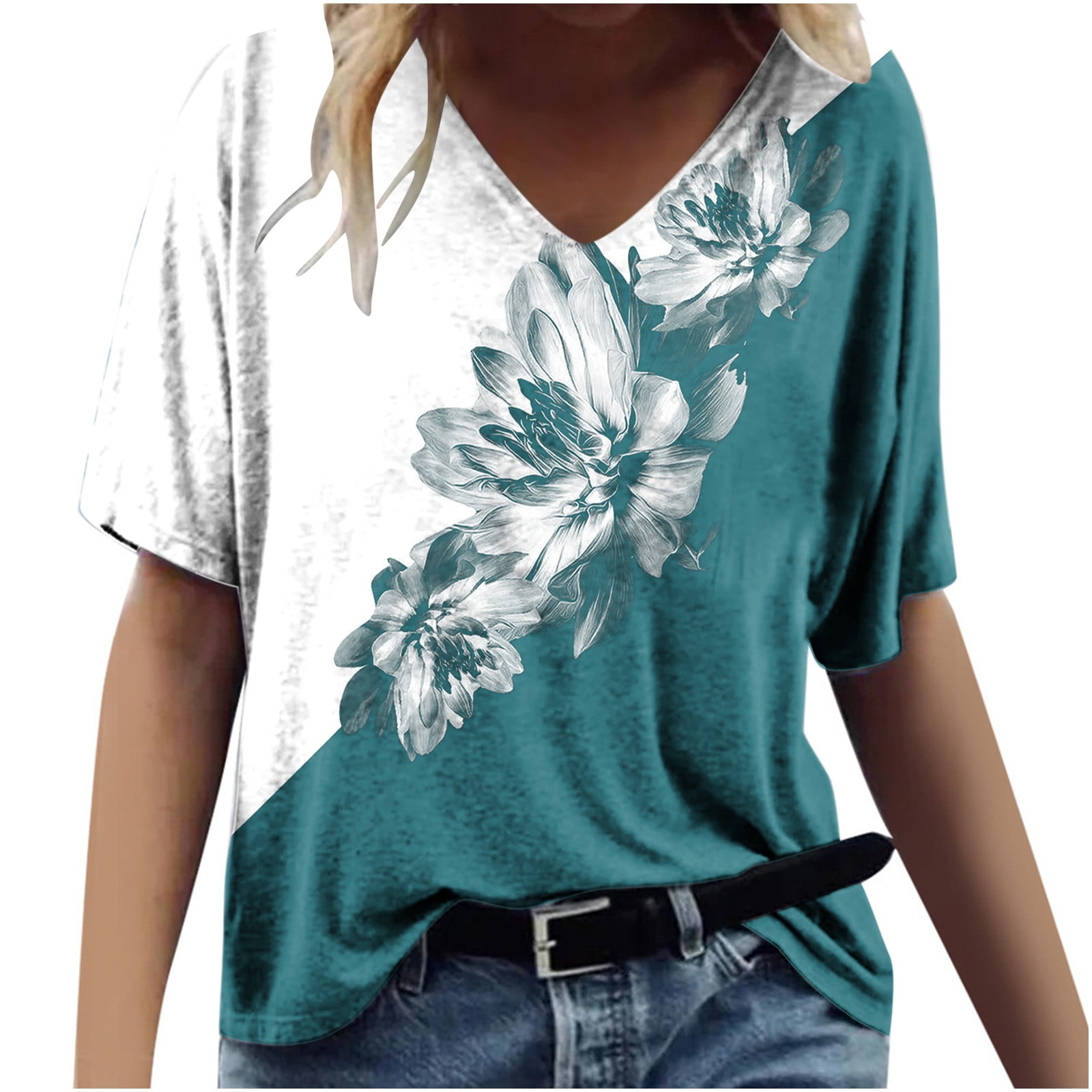 Scyoekwg Women's Tops Casual V Neck Short Sleeve T Shirts Trendy Floral