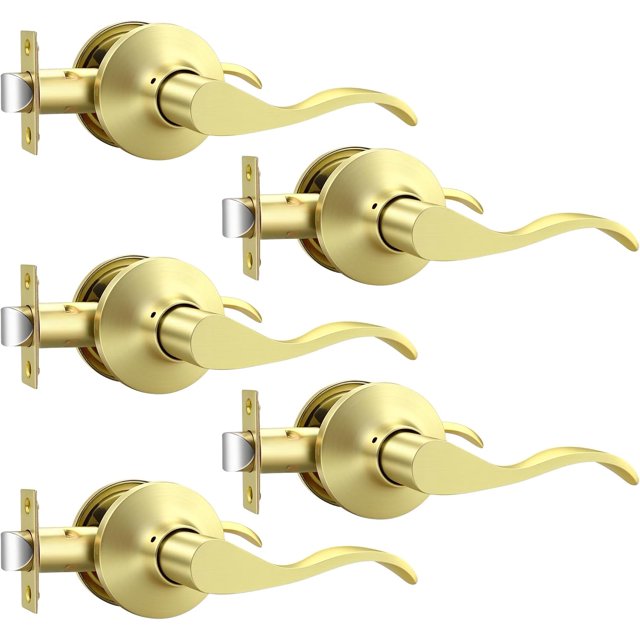 Leviers de Porte en Or Brossé pour Intérieur, Poignées de Porte de Passage en Laiton, Style Rabattable, Poignées de Porte de Hall/placard, Intérieur Sans Clé, Ensembles de Leviers Non Verrouillables, Réversibles pour Côté Droit/gauche