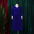 thumbnail image 4 of AURA Womens V Neck Pleated Midi Dress Puff Sleeve High Waist A Line Elegant Work Office Fall Dress with Zipper, 4 of 10