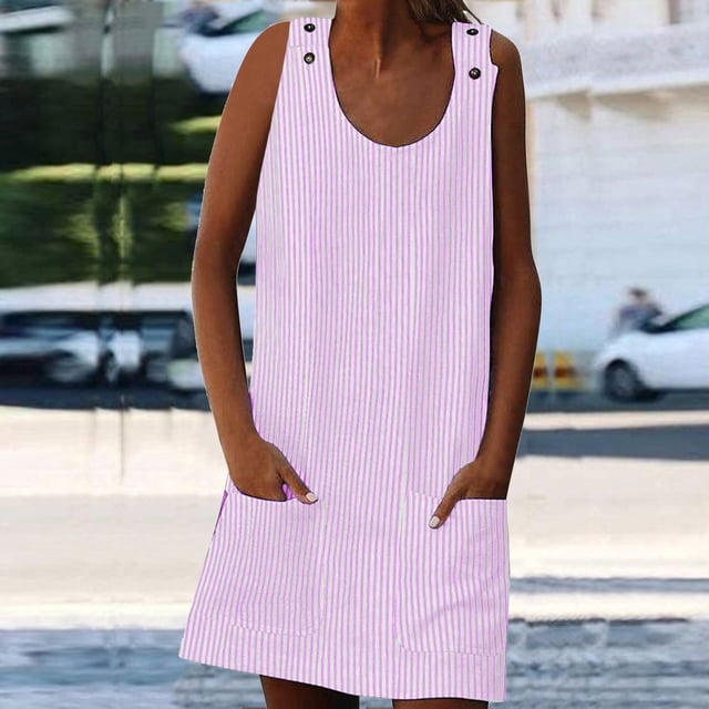 LOVZFMLL Robes Femmes Mode Vacances Été Col Poches Rayé Quotidien Robe d'Été Sans Manches Fête Plage Robe