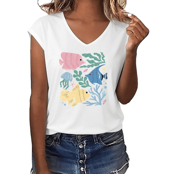 UNISHE Women's Cute Pastel Tropical Fish Jellyfish Seaweed Ocean Underwater Graphic V-Neck Casual T-Shirt Top