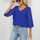 thumbnail image 3 of Blusa de retales de encaje con cuello en V y media manga para mujer, holgada y transpirable para primavera y verano, azul XL, 3 of 8
