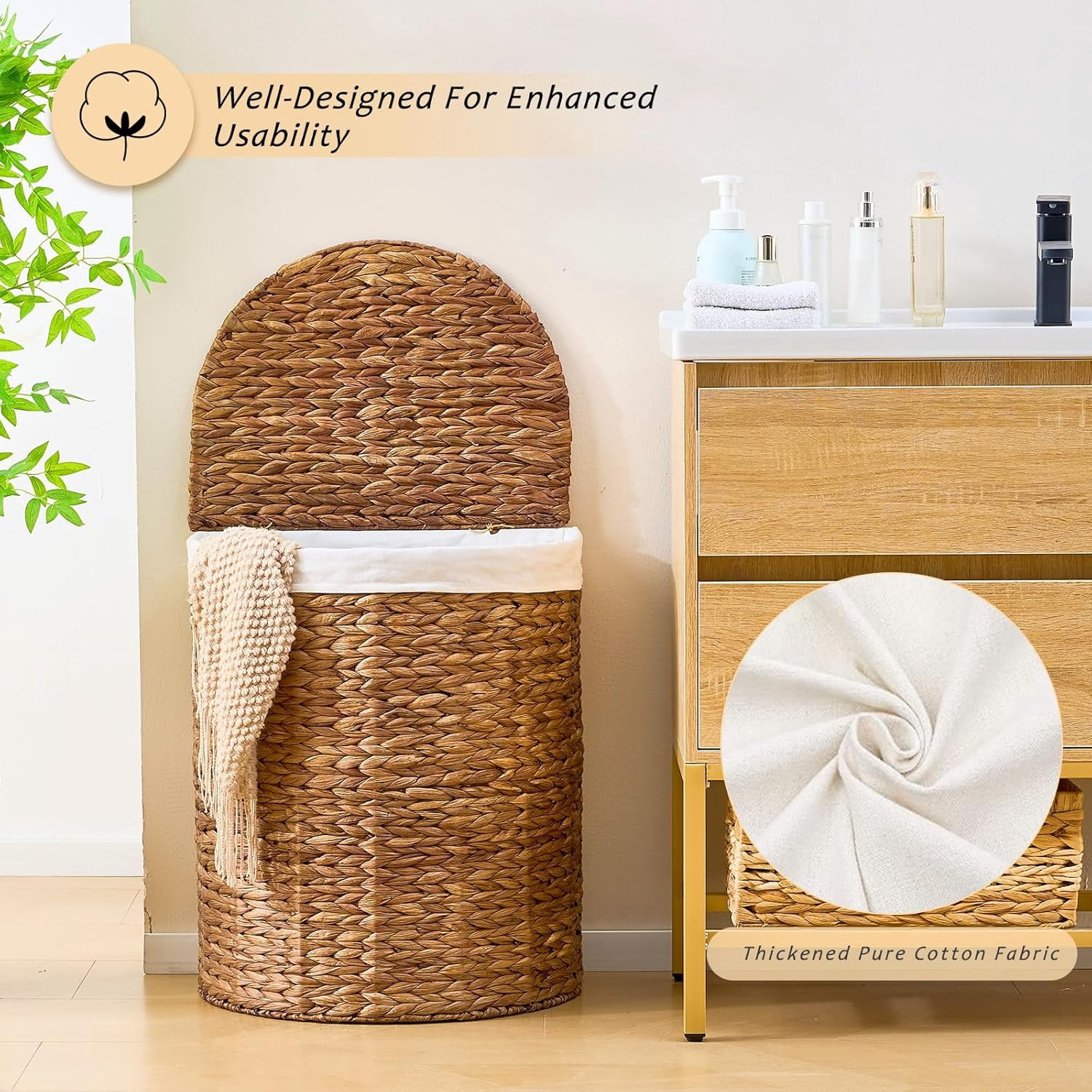 Casa Pura Furniture Espresso Half Round Wicker Laundry Hamper with Lid and 2 Removable Liner Bags, Handwoven Water Hyacinth Dirty Clothes Storage Basket
