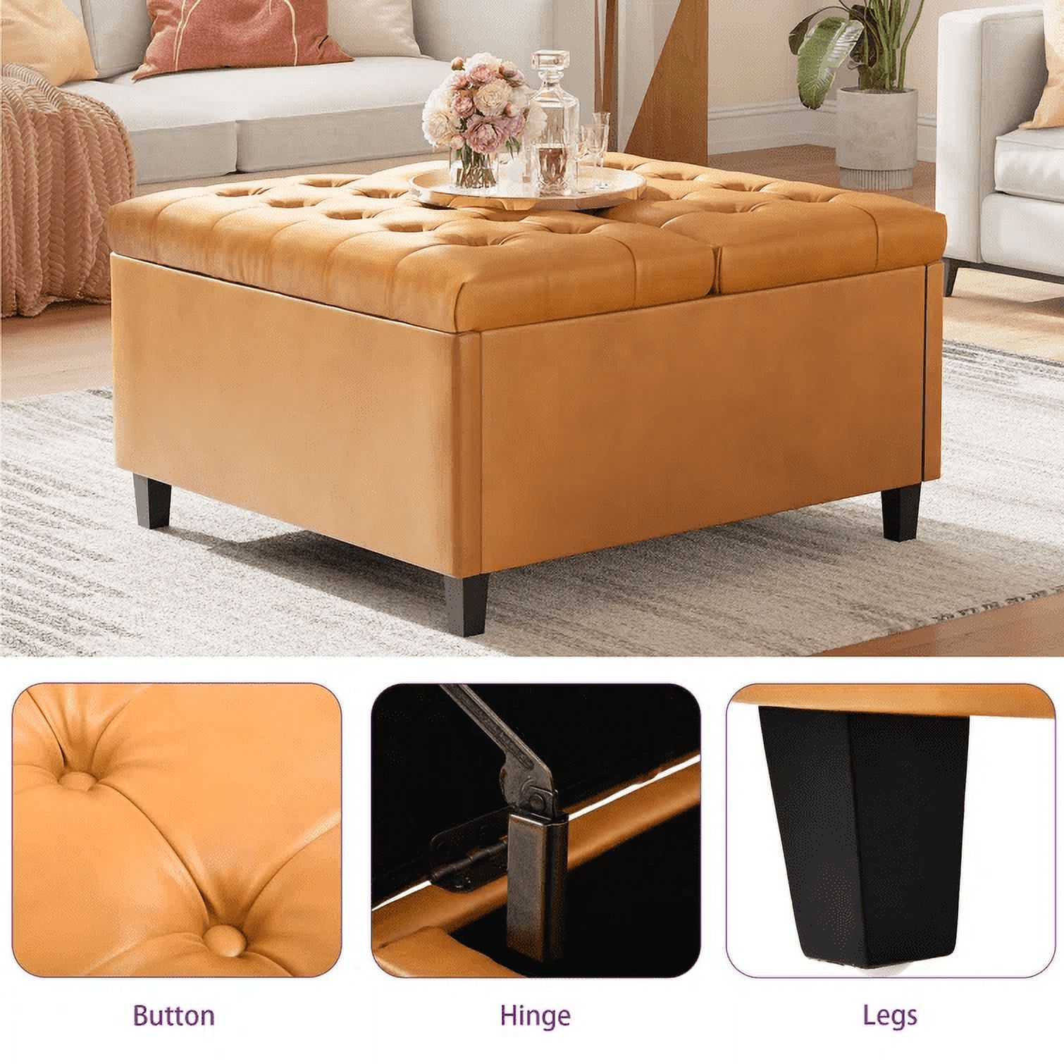 Dextrus 16.14''H Coffee Table Square Storage Ottoman, Brown Faux Leather, Living Room