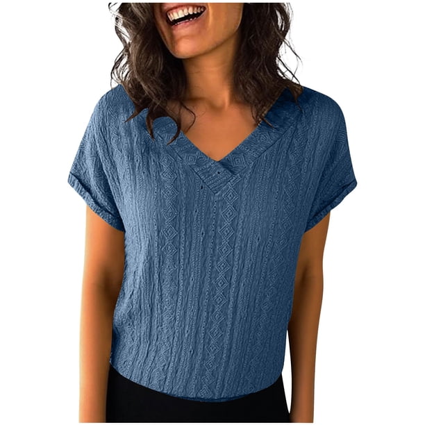 Mujeres Manga Larga Tops Moda Color Sólido Blusa de Lino con Botones Decorativos Y Rayas Cuello Redondo, Casual 3/4 Manga Tee para la Primavera Trajes Diarios