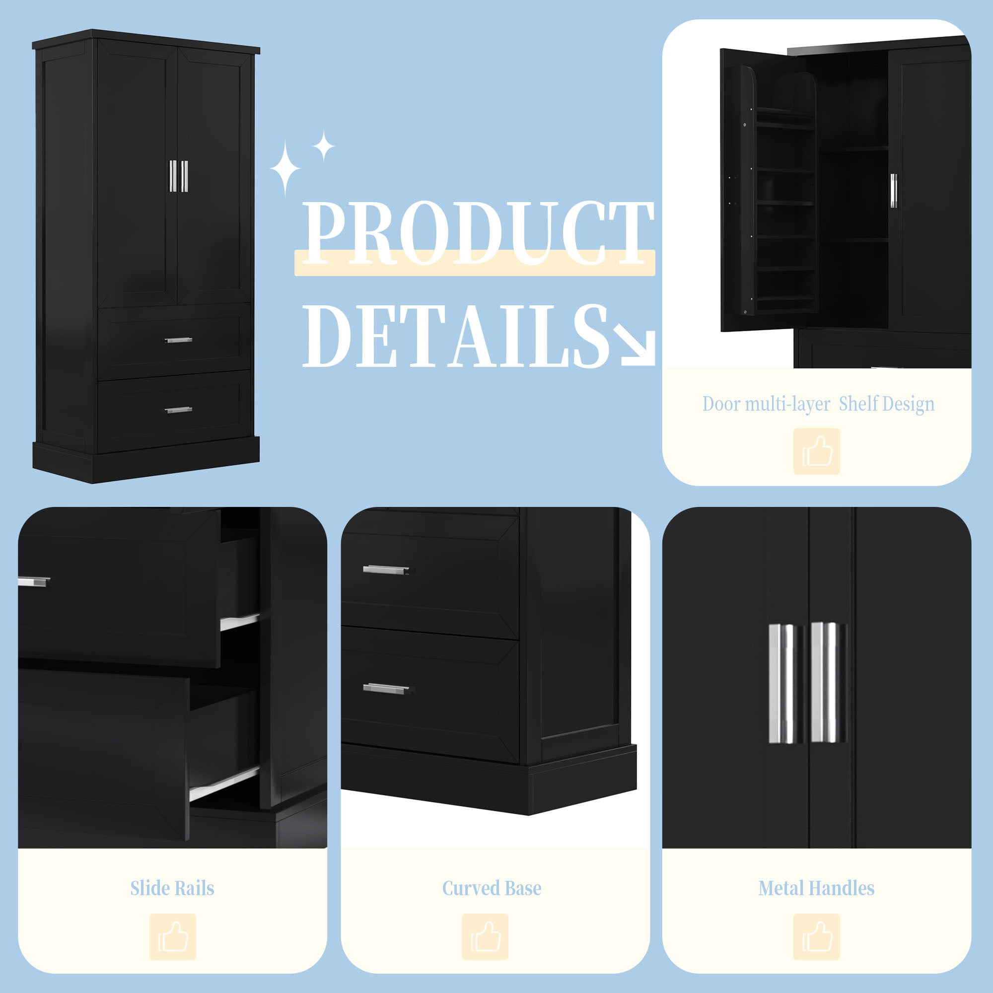 EUROCO Tall Bathroom Floor Storage Cabinet, Bathroom Storage Unit, Freestanding Cabinet with 2 Drawers and 2 Doors, Adjustable Shelf,Black