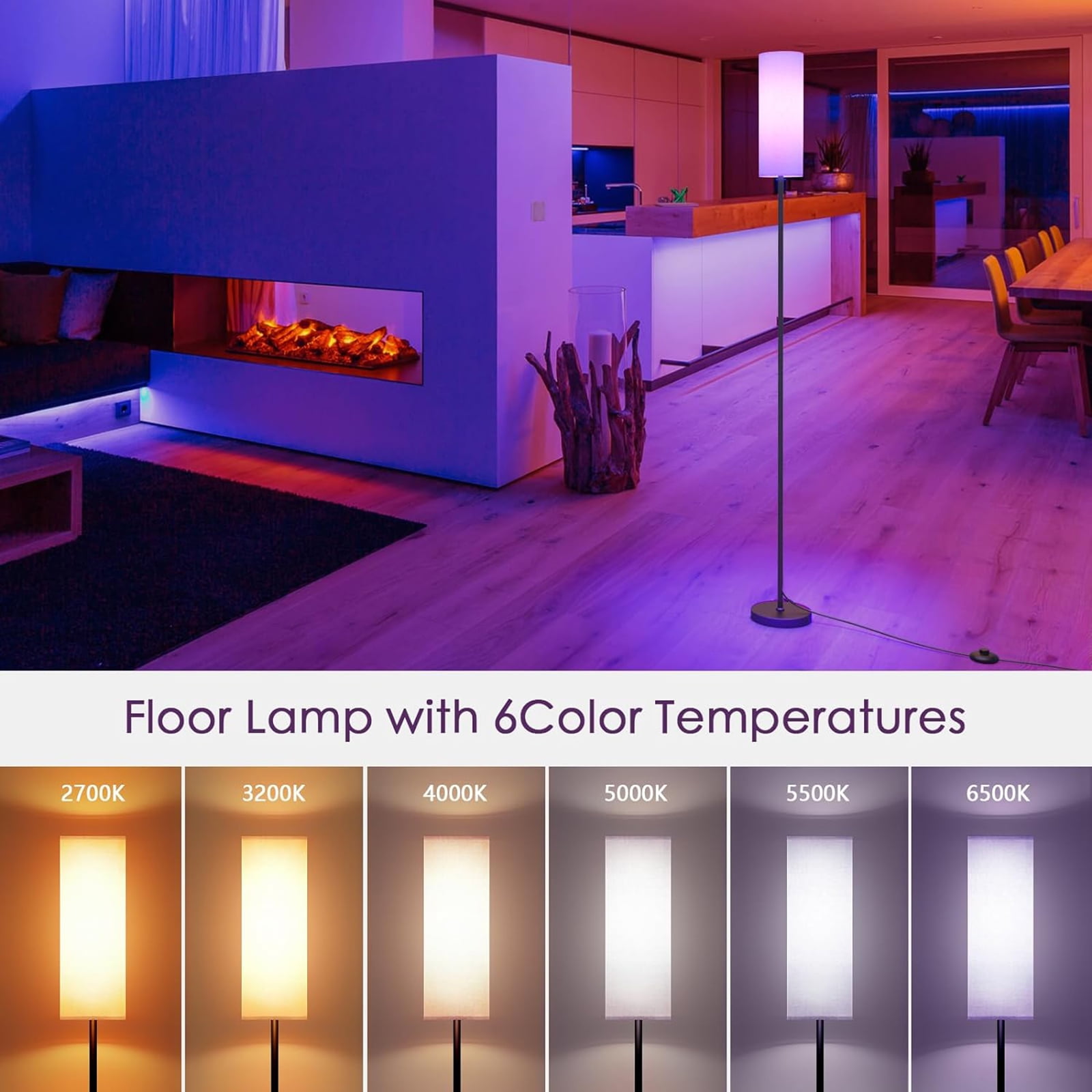 Neoglint Modern RGB Floor Lamp, Tall Dimmable Standing Light with App & Remote Control for Living Room, Bedroom, Office