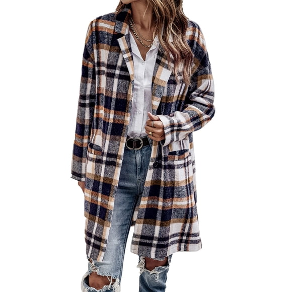 Abrigo PRETTYGARDEN Shacket a Cuadros Mezcla de Lana Marrón Grande