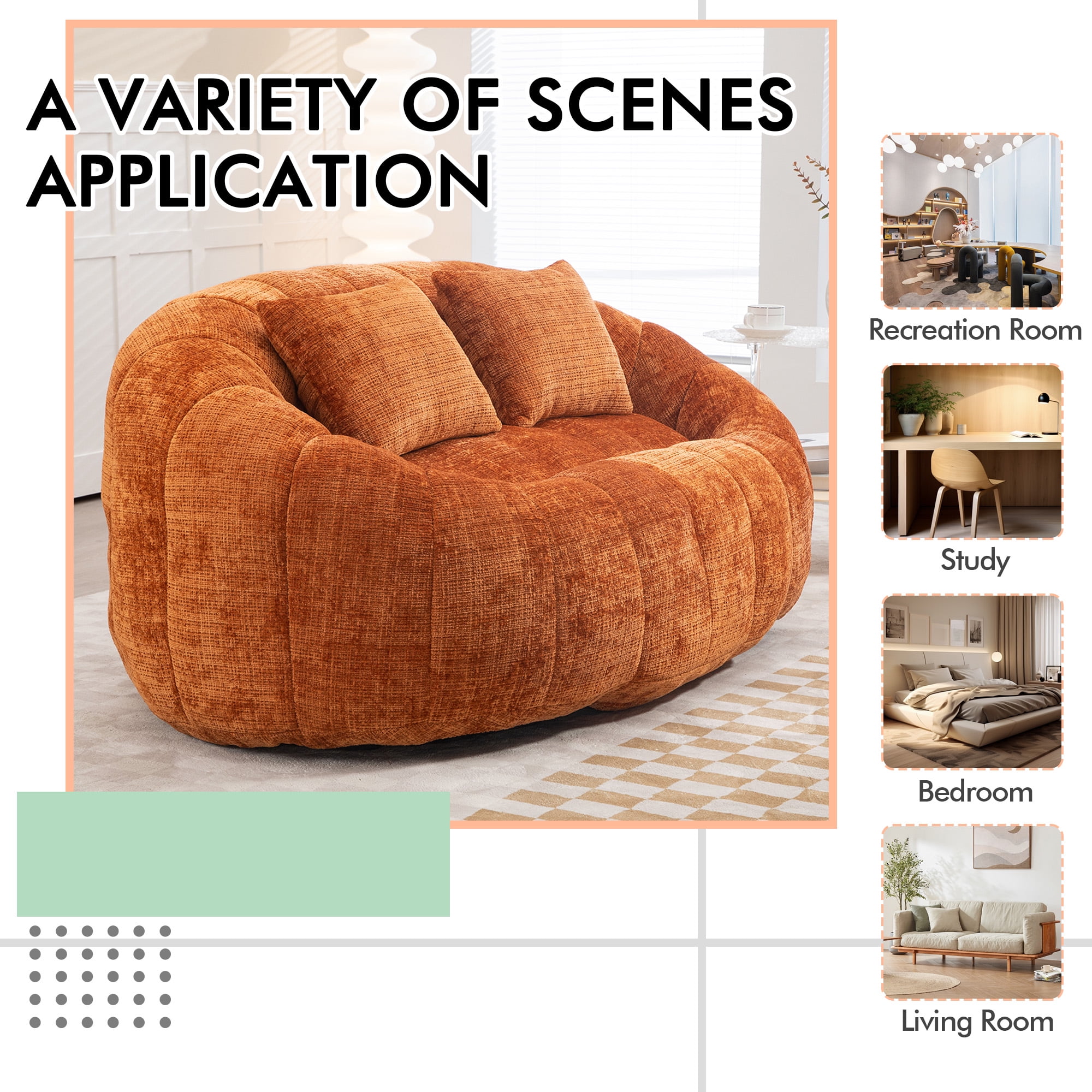 MOONMISS Chenille Durable Comfort Lounger High Back Bean Bag loveseat Lazy Sofa-Orange