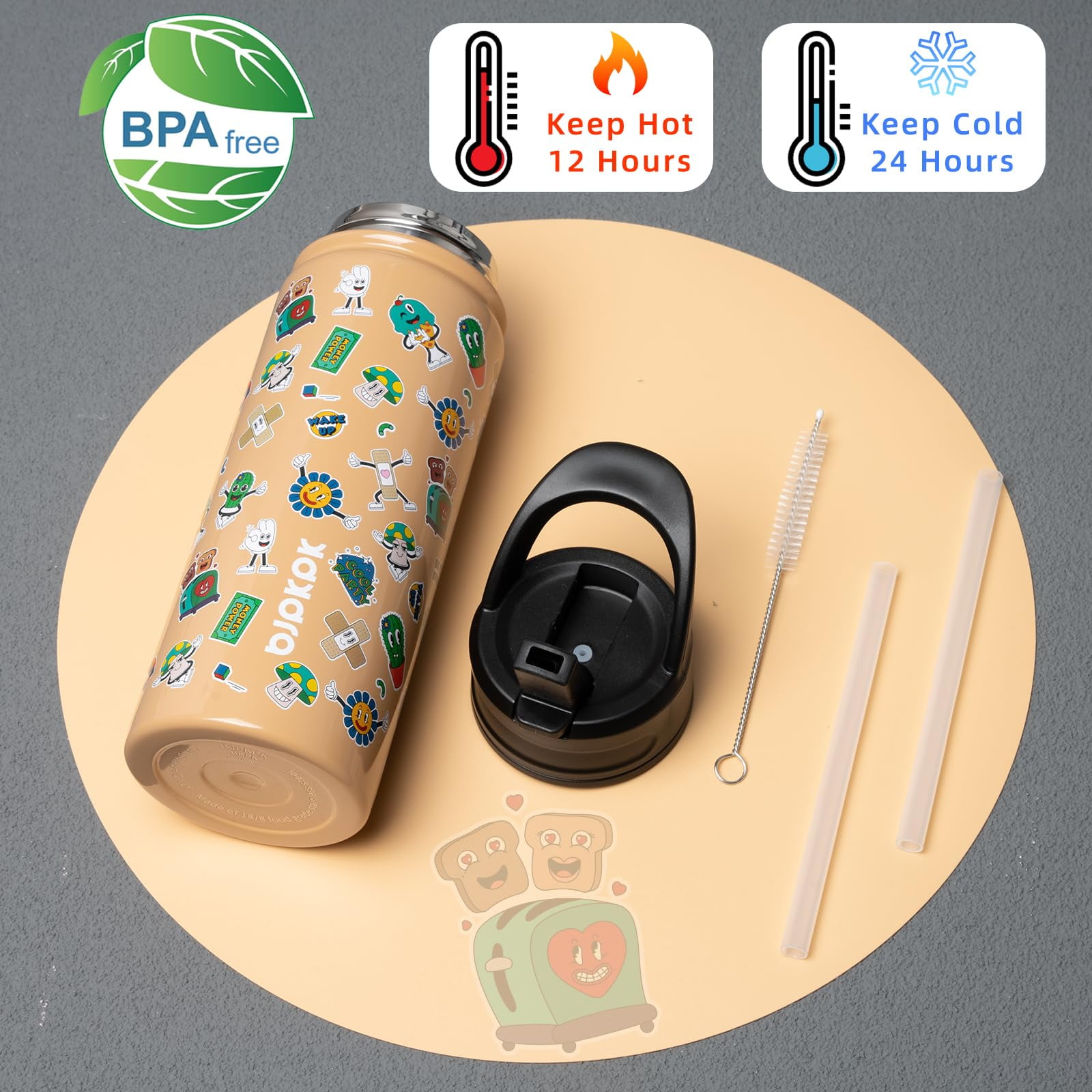BJPKPK Insulated Water Bottle with Straw Lid, 18 oz Stainless Steel Metal Water Bottles, Reusable Leak Proof BPA Free Water Bottles, Cups, Thermos, Spring Party-Brown