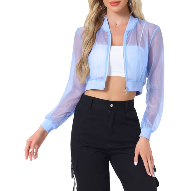 Chaqueta Bomber Crop INSPIRE CHIC para mujer, chaquetas ligeras de manga larga de malla transparente XL azul claro