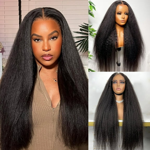 Mscathy 13X6 Kinky Straight Human Hair Lace Front Wig Pre Plucked Natural Black 16 Inch 180% Density Yaki Straight Lace Frontal Wigs For Women