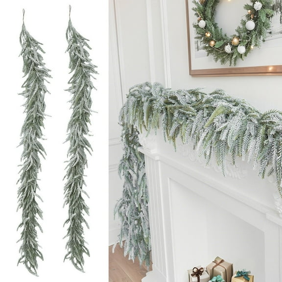 2Pcs 5.9 FT Artificial Snow Norfolk Pine Garlands, Realistic Christmas Greenery Garland for Mantel, Table, Stairs, Indoor Outdoor Winter Holiday Decor, Faux Pine Garland Xmas Decorations