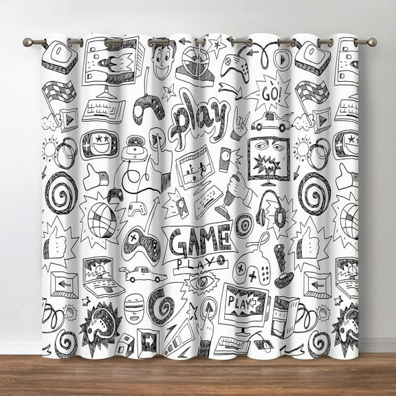 Video Games Blackout Curtains - Blocking Window Drapes Sketch Art Computer Gamepad Sports Rocket Teen 90''s Decor Home Bedroom Living Room Grommet Window Drapes 2 Panel Set, 52" x 63"