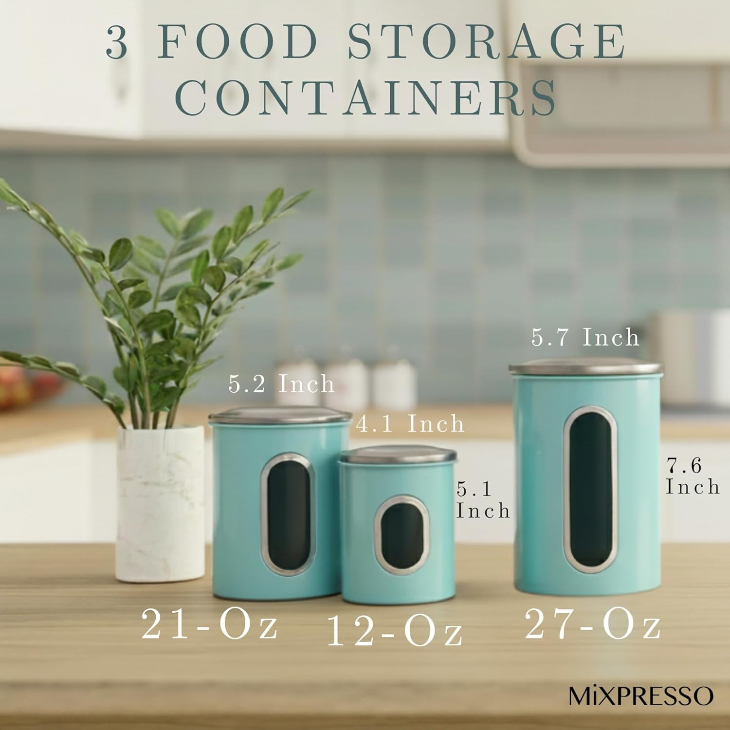 Mixpresso 3-Piece Aqua Blue Canisters Sets For The Kitchen, Airtight Canister Set With See Through Window, Storage Jars for Coffee Container, Tea Organizer & Sugar Canister, Kitchen Canisters