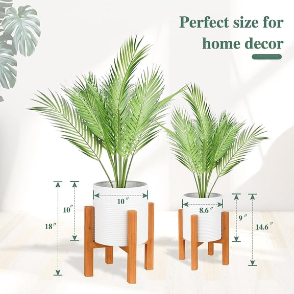 2-Piece White Metal Planter Set with Wood Stand, Indoor Mid  Modern Planters with Drainage, 8" & 10"