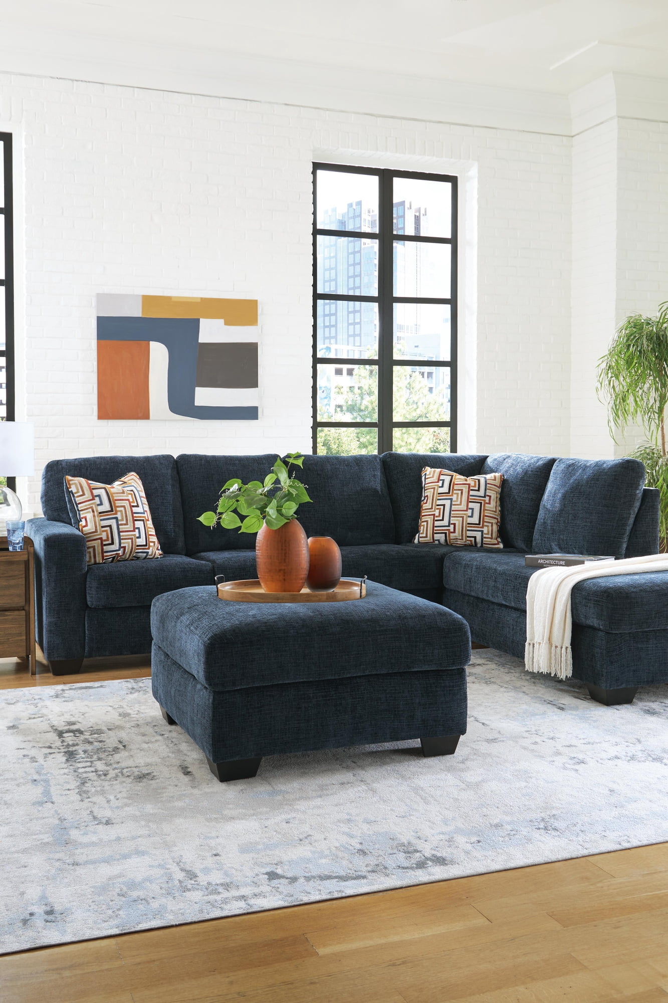 Signature Design by Ashley Aviemore Oversized Ink Blue Accent Ottoman - Large Square Ottoman with Firm Cushioning